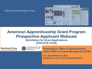 Welcome to Workforce3 One
U.S. Department of Labor
Employment and Training
Administration Presented by: Office of Apprenticeship
(OA) & Office of Grants Management (OGM)
U.S. Department of Labor
Employment and Training Administration
 