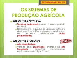 OS SISTEMAS DE PRODUÇÃO AGRÍCOLA 
AGRICULTURA EXTENSIVA: 
Técnicas tradicionais (como o arado puxado por bois); 
Normalmente, a produção agrícola extensiva destina-se à subsistência de grupos familiares ou de pequenas comunidades (baixa produtividade). 
AGRICULTURA INTENSIVA: 
Alta produtividade; 
Voltada para exportação, emprego de alta tecnologia (sementes selecionadas, equipamentos de irrigação, etc). 
ACOMPANHAR PÁG. 215  