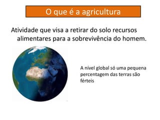 O que é a agricultura
Atividade que visa a retirar do solo recursos
alimentares para a sobrevivência do homem.
A nível global só uma pequena
percentagem das terras são
férteis
 