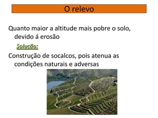 Quanto maior a altitude mais pobre o solo,
devido á erosão
Solução:
Construção de socalcos, pois atenua as
condições naturais e adversas
O relevo
 