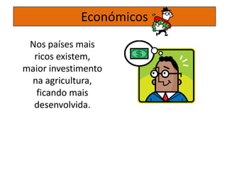 Nos países mais
ricos existem,
maior investimento
na agricultura,
ficando mais
desenvolvida.
Económicos
 