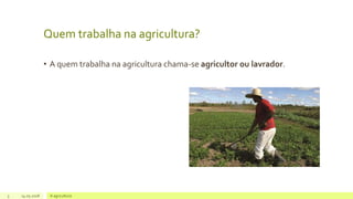 Quem trabalha na agricultura?
• A quem trabalha na agricultura chama-se agricultor ou lavrador.
3 14.05.2018 A agricultura
 