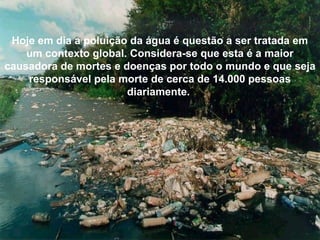 Hoje em dia a poluição da água é questão a ser tratada em
um contexto global. Considera-se que esta é a maior
causadora de mortes e doenças por todo o mundo e que seja
responsável pela morte de cerca de 14.000 pessoas
diariamente.
 