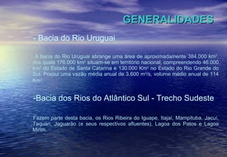 GENERALIDADES - Bacia do Rio Uruguai A bacia do Rio Uruguai abrange uma área de aproximadamente 384.000 km 2 , dos quais 176.000 km 2  situam-se em território nacional, compreendendo 46.000 km 2  do Estado de Santa Catarina e 130.000 Km 2  no Estado do Rio Grande do Sul. Possui uma vazão média anual de 3.600 m 3 /s, volume médio anual de 114 Km 3 .   -Bacia dos Rios do Atlântico Sul - Trecho Sudeste Fazem parte desta bacia, os Rios Ribeira do Iguape, Itajaí, Mampituba, Jacuí, Taquari, Jaguarão (e seus respectivos afluentes), Lagoa dos Patos e Lagoa Mirim.  