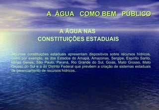 A  ÁGUA  COMO BEM  PÚBLICO   A ÁGUA NAS  CONSTITUIÇÕES ESTADUAIS Algumas constituições estaduais apresentam dispositivos sobre recursos hídricos, como por exemplo, as dos Estados do Amapá, Amazonas, Sergipe, Espírito Santo, Minas Gerais, São Paulo, Paraná, Rio Grande do Sul, Goiás, Mato Grosso, Mato Grosso do Sul e a do Distrito Federal que prevêem a criação de sistemas estaduais de gerenciamento de recursos hídricos.   