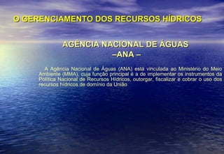O GERENCIAMENTO DOS RECURSOS HÍDRICOS AGÊNCIA NACIONAL DE ÁGUAS  – ANA – A Agência Nacional de Águas (ANA) está vinculada ao Ministério do Meio Ambiente (MMA), cuja função principal é a de implementar os instrumentos da Política Nacional de Recursos Hídricos, outorgar, fiscalizar e cobrar o uso dos recursos hídricos de domínio da União  