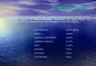 GENERALIDADES Atualmente estima-se que mais de 1,1 bilhão de pessoas no mundo sofrem com falta d’água. A  disponibilidade  renovável de água doce nos continentes pode ser estimada em porcentagens conforme segue: 