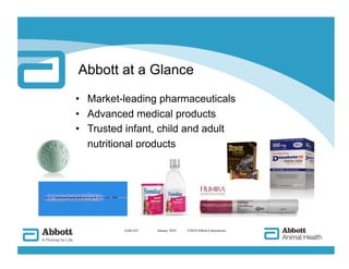 Abbott at a Glance
•    Market-leading pharmaceuticals
•    Advanced medical products
•    Trusted infant, child and adult
•    nutritional products




            AAH-422   
 January 2010   ©2010 Abbott Laboratories
 