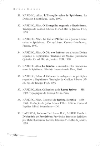 R E V I S T A E S P Í R I T A
534
31. KARDEC, Allan. L’Évangile selon le Spiritisme. La
Diffusion Scientifique. Paris, 1990.
32. KARDEC, Allan. O Evangelho segundo o Espiritismo.
Tradução de Guillon Ribeiro. 115a
ed. Rio de Janeiro: FEB,
1998.
33. KARDEC, Allan. Le Ciel et l’Enfer: ou la Justice Divine
selon le Spiritisme. Dervy-Livres. Croissy-Beaubourg.
France, 1990.
34. KARDEC, Allan. O Céu e o Inferno: ou a Justiça Divina
segundo o Espiritismo. Tradução de Manuel Justiniano
Quintão. 43a
ed. Rio de Janeiro: FEB, 1998.
35. KARDEC, Allan. La Genèse: les miracles et les prédictions
selon le Spiritisme. Librairie Internationale. Paris, 1868.
36. KARDEC, Allan. A Gênese: os milagres e as predições
segundo o Espiritismo. Tradução de Guillon Ribeiro. 37a
ed. Rio de Janeiro: FEB, 1996
37. KARDEC, Allan. Collections de la Revue Spirite – 1858 –
1869. Typographie de Cosson & Cie. Paris.
38. KARDEC, Allan. Coleções da Revista Espírita – 1858 –
1869. Tradução de Júlio Abreu Filho. Editora Cultural
Espírita Edicel. Sobradinho – DF.
39. LACERDA, Roberto C e Helena R. C, ABREU, Estela S.
Dicionário de Provérbios: Provérbios franceses definidos
por Didier Lamaison. Lacerda Editores. 1a
ed. Rio de Janeiro,
1999.
 