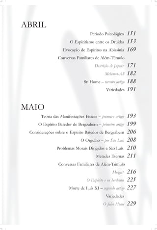 ABRIL
Período Psicológico 151
O Espiritismo entre os Druidas 153
Evocação de Espíritos na Abissínia 169
Conversas Familiares de Além-Túmulo
Descrição de Júpiter 171
Mehemet-Ali 182
Sr. Home – terceiro artigo 188
Variedades 191
MAIO
Teoria das Manifestações Físicas – primeiro artigo 193
O Espírito Batedor de Bergzabern – primeiro artigo 199
Considerações sobre o Espírito Batedor de Bergzabern 206
O Orgulho – por São Luís 208
Problemas Morais Dirigidos a São Luís 210
Metades Eternas 211
Conversas Familiares de Além-Túmulo
Mozart 216
O Espírito e os herdeiros 225
Morte de Luís XI – segundo artigo 227
Variedades
O falso Home 229
 