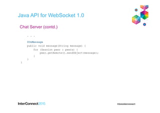 Java API for WebSocket 1.0
. . .
@OnMessage
public void message(String message) {
for (Session peer : peers) {
peer.getRemote().sendObject(message);
}
}
}
Chat Server (contd.)
 