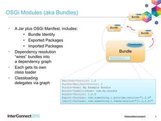 9
Bundle
Manifest-Version: 1.0
Bundle-ManifestVersion: 2
Manifest-Version: 1.0
Bundle-ManifestVersion: 2
Bundle-Name: My Example Bundle
Bundle-SymbolicName: com.my.bundle
Bundle-Version: 1.0.0
Export-Package: com.something.i.provide;version="1.0.0"
Import-Package: com.something.i.need;version="[1.1,2.0)"
Bundle
Bundle
Bundle
Manifest-Version : 1.0
Bundle-ManifestVersi
Manifest-Version : 1.0
Bundle-ManifestVersi
Manifest-Version : 1.0
Bundle-ManifestVersi
OSGi Modules (aka Bundles)
• A Jar plus OSGi Manifest, includes:
• Bundle Identity
• Exported Packages
• Imported Packages
• Dependency resolution
“wires” bundles into
a dependency graph
• Each gets its own
class loader
• Classloading
delegates via graph
Classloader
Classloader
Classloader
Classloader
 