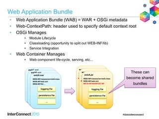 Web Application Bundle
• Web Application Bundle (WAB) = WAR + OSGi metadata
• Web-ContextPath: header used to specify default context root
• OSGi Manages
• Module Lifecycle
• Classloading (opportunity to split out WEB-INF/lib)
• Service Integration
• Web Container Manages
• Web component life-cycle, serving, etc...
webC.war
logging f/w
persistence f/w
MVC f/w
webB.war
logging f/w
persistence f/w
MVC f/w
webA.war
logging f/w
persistence f/w
...
WEB-INF/classes/servletA.class
WEB-INF/web.xml
WEB-INF/lib/…
webA.jar
WEB-INF/classes/servletA.class
WEB-INF/web.xml
META-INF/MANIFEST.MF
webA.jar
WEB-INF/classes/servletA.class
WEB-INF/web.xml
META-INF/MANIFEST.MF
webA.jar
WEB-INF/classes/servletA.class
WEB-INF/web.xml
META-INF/MANIFEST.MF
logging f/w
persistence f/w
...
These can
become shared
bundles
 