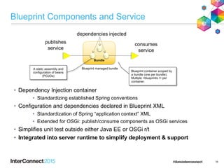 Bundle
Blueprint Components and Service
• Dependency Injection container
• Standardizing established Spring conventions
• Configuration and dependencies declared in Blueprint XML
• Standardization of Spring “application context” XML
• Extended for OSGi: publish/consume components as OSGi services
• Simplifies unit test outside either Java EE or OSGi r/t
• Integrated into server runtime to simplify deployment & support
16
dependencies injected
publishes
service
consumes
service
Blueprint container scoped by
a bundle (one per bundle).
Multiple <blueprints /> per
container.
A static assembly and
configuration of beans
(POJOs)
Blueprint managed bundle
 