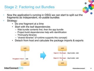 Stage 2: Factoring out Bundles
• Now the application’s running in OSGi we can start to split out the
fragments as independent, re-usable bundles
• Strategy:
• Do one fragment at a time
• Start with the leaf dependencies
– Wab bundle contents first, then the app bundle
– Project build dependencies help with identification
– Third-party libraries
– “shared libraries” (if runtime supports this concept)
• Detach from host and calculate the package imports & exports
26
wab
web
wab
web
Fragment-Host: wab Export-Package: daytrader.web
Import-Package: daytrader.web
 