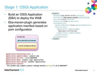 Stage 1: OSGi Application
• Build an OSGi Application
(EBA) to deploy the WAB
• Eba-maven-plugin generates
application manifest based on
pom configuration
32
acmeair-webapp-bundle.jar
acmeair.eba
META-INF/APPLICATION.MF
<plugin>
<groupId>org.apache.aries</groupId>
<artifactId>eba-maven-plugin</artifactId>
<version>1.0.0</version>
<extensions>true</extensions>
<configuration>
<generateManifest>true</generateManifest>
<instructions>
<Application-SymbolicName>
${project.artifactId}
</Application-SymbolicName>
</instructions>
</configuration>
</plugin>
Application-ManifestVersion: 1
Application-SymbolicName: acmeair-eba
Application-Version: 1.0.0.SNAPSHOT
Application-Name: acmeair osgi application
Application-Description: AcmeAir Application
Application-Content:
net.wasdev.wlp.sample.acmeair-webapp-bundle;version="1.0.0.SNAPSHOT"
 