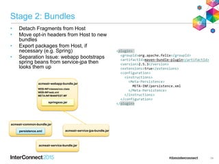 Stage 2: Bundles
• Detach Fragments from Host
• Move opt-in headers from Host to new
bundles
• Export packages from Host, if
necessary (e.g. Spring)
• Separation Issue: webapp bootstraps
spring beans from service-jpa then
looks them up
34
acmeair-webapp-bundle.jar
WEB-INF/classes/xxx.class
WEB-INF/web.xml
META-INF/MANIFEST.MF
springxxx.jar
acmeair-service-bundle.jar
acmeair-service-jpa-bundle.jar
acmeair-common-bundle.jar
persistence.xml
<plugin>
<groupId>org.apache.felix</groupId>
<artifactId>maven-bundle-plugin</artifactId>
<version>2.5.3</version>
<extensions>true</extensions>
<configuration>
<instructions>
<Meta-Persistence>
META-INF/persistence.xml
</Meta-Persistence>
</instructions>
</configuration>
</plugin>
 