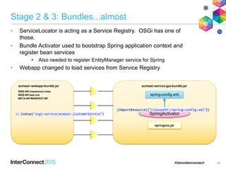 Stage 2 & 3: Bundles...almost
• ServiceLocator is acting as a Service Registry. OSGi has one of
those.
• Bundle Activator used to bootstrap Spring application context and
register bean services
• Also needed to register EntityManager service for Spring
• Webapp changed to load services from Service Registry
36
acmeair-webapp-bundle.jar
WEB-INF/classes/xxx.class
WEB-INF/web.xml
META-INF/MANIFEST.MF
springxxx.jar
acmeair-service-jpa-bundle.jar
spring-config.xml
SpringActivator
@ImportResource({"classpath:/spring-config.xml"})
ic.lookup("osgi:service/acmeair.CustomerService")
 