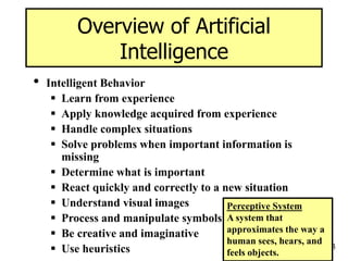 3
Overview of Artificial
Intelligence
• Intelligent Behavior
 Learn from experience
 Apply knowledge acquired from experience
 Handle complex situations
 Solve problems when important information is
missing
 Determine what is important
 React quickly and correctly to a new situation
 Understand visual images
 Process and manipulate symbols
 Be creative and imaginative
 Use heuristics
Perceptive System
A system that
approximates the way a
human sees, hears, and
feels objects.
 