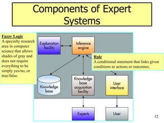 12
Components of Expert
Systems
Fuzzy Logic
A specialty research
area in computer
science that allows
shades of gray and
does not require
everything to be
simply yes/no, or
true/false.
Rule
A conditional statement that links given
conditions to actions or outcomes.
 