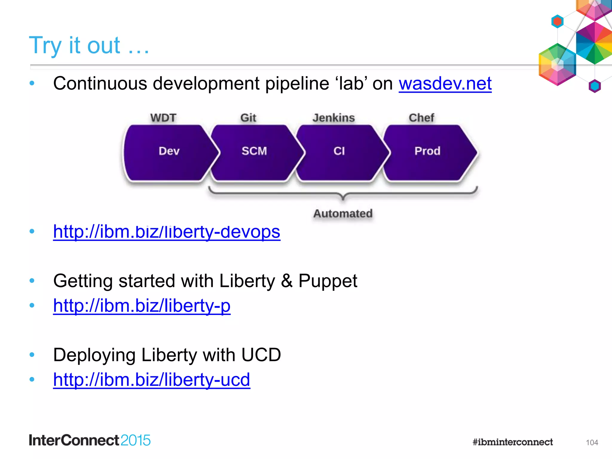 Try it out …
104
• Continuous development pipeline ‘lab’ on wasdev.net
• http://ibm.biz/liberty-devops
• Getting started with Liberty & Puppet
• http://ibm.biz/liberty-p
• Deploying Liberty with UCD
• http://ibm.biz/liberty-ucd
 