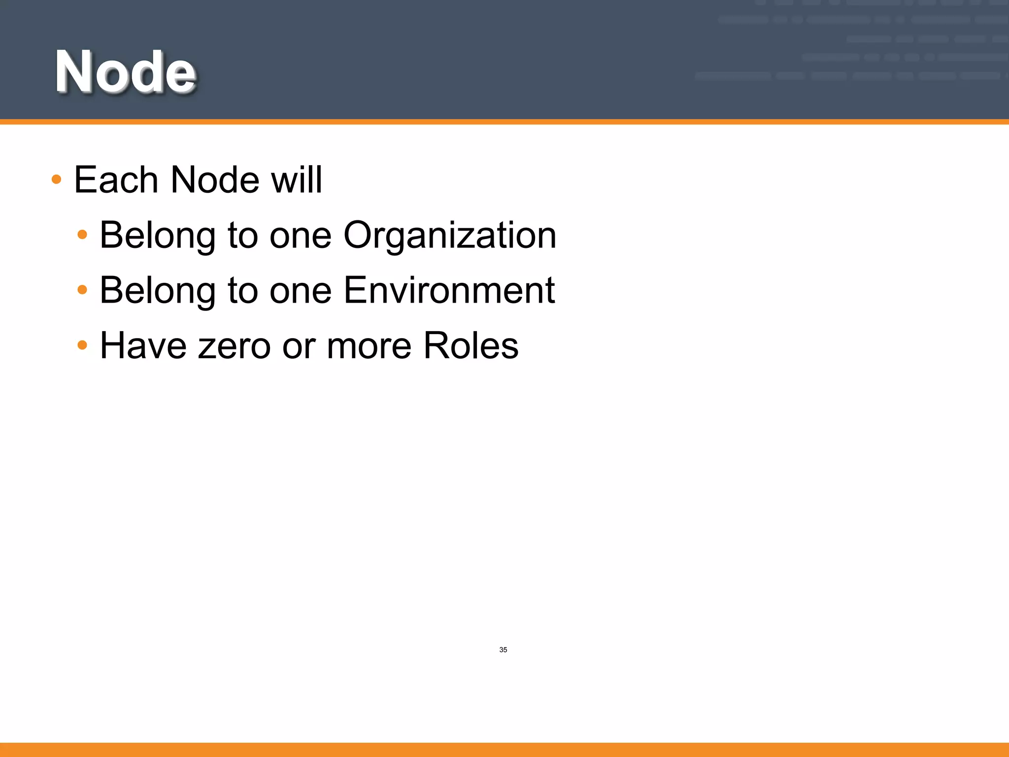 Node
• Each Node will
• Belong to one Organization
• Belong to one Environment
• Have zero or more Roles
35
 