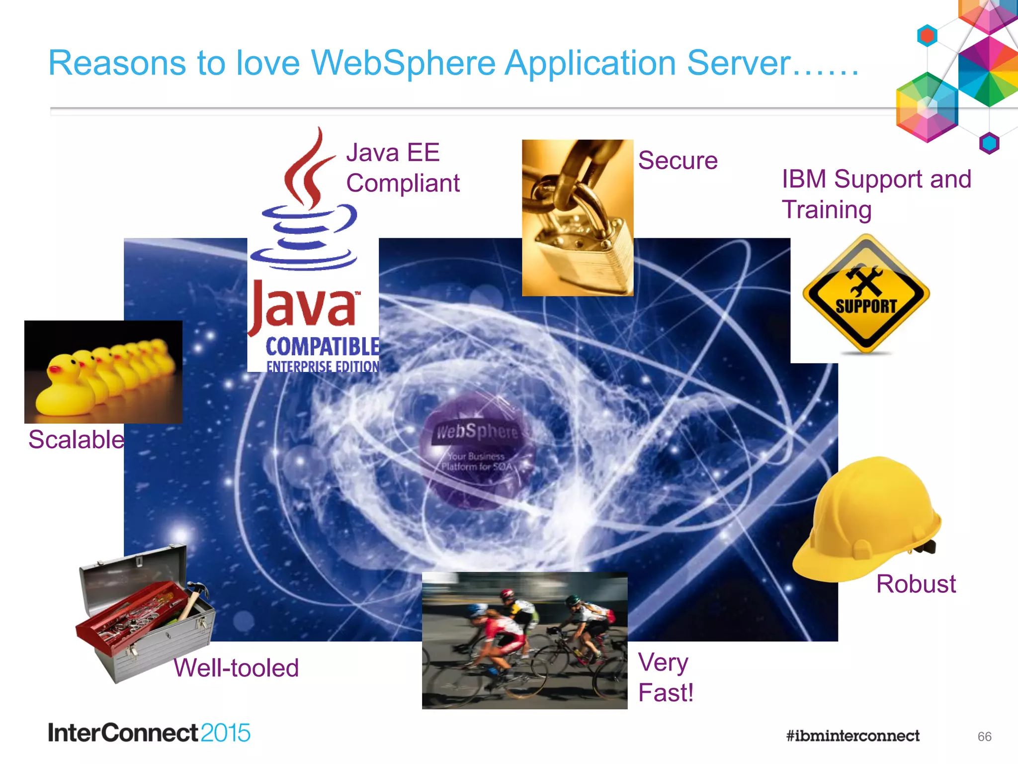 Reasons to love WebSphere Application Server……
66
Secure
Well-tooled
Robust
Scalable
Very
Fast!
Java EE
Compliant IBM Support and
Training
 