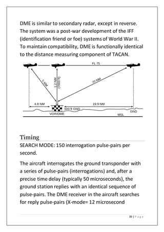 39 | P a g e
DME is similar to secondary radar, except in reverse.
The system was a post-war development of the IFF
(identification friend or foe) systems of World War II.
To maintain compatibility, DME is functionally identical
to the distance measuring component of TACAN.
Timing
SEARCH MODE: 150 interrogation pulse-pairs per
second.
The aircraft interrogates the ground transponder with
a series of pulse-pairs (interrogations) and, after a
precise time delay (typically 50 microseconds), the
ground station replies with an identical sequence of
pulse-pairs. The DME receiver in the aircraft searches
for reply pulse-pairs (X-mode= 12 microsecond
 