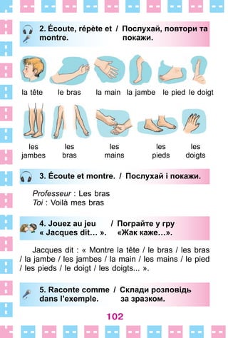 102
2. Écoute, répète et / Послухай, повтори та
montre. покажи.
2. Écoute, répète et / Послухай, повтори та
montre. покажи.
3. Écoute et montre. / Послухай і покажи.
Professeur : Les bras
Toi : Voilà mes bras
4. Jouez au jeu / Пограйте у гру
« Jacques dit… ». «Жак каже…».
Jacques dit : « Montre la tête / le bras / les bras
/ la jambe / les jambes / la main / les mains / le pied
/ les pieds / le doigt / les doigts . . . » .
5. Raconte comme / Склади розповідь
dans l’exemple. за зразком.
3. Écoute et montre. / Послухай і покажи.
4. Jouez au jeu / Пограйте у гру
« Jacques dit… ». «Жак каже…».
5. Raconte comme / Склади розповідь
dans l’exemple. за зразком.
la tête le bras la main la jambe le pied le doigt
les
jambes
les
bras
les
mains
les
pieds
les
doigts
 