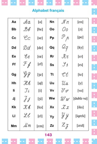 143
Alphabet français
Aa   [a] Nn   [εn]
Bb   [be] Oo   [ɔ]
Cc   [se] Pp   [pe]
Dd   [de] Qq   [ky]
Ee   [] Rr   [εr]
Ff   [εf] Ss   [εs]
Gg
  [e] Tt   [te]
Hh   [aʃ] Uu   [y]
Ii   [i] Vv   [ve]
Jj   [i] Ww   [dublə ve]
Kk   [ka] Xx   [iks]
Ll   [εl] Yy   [igrεk]
Mm   [εm] Zz   [zεd]
 