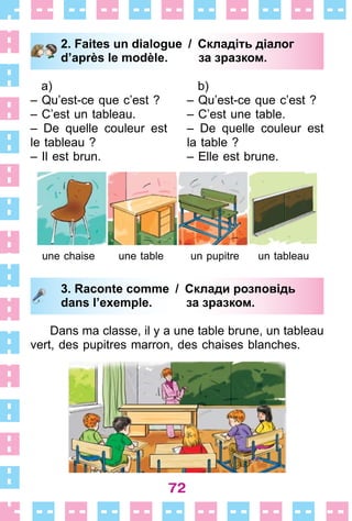 72
2. Faites un dialogue / Складіть діалог
d’après le modèle. за зразком.
a)
– Qu’est-ce que c’est ?
– C’est un tableau .
– De quelle couleur est
le tableau ?
– Il est brun .
b)
– Qu’est-ce que c’est ?
– C’est une table .
– De quelle couleur est
la table ?
– Elle est brune .
une chaise une table un pupitre un tableau
3. Raconte comme / Склади розповідь
dans l’exemple. за зразком.
Dans ma classe, il y a une table brune, un tableau
vert, des pupitres marron, des chaises blanches .
2. Faites un dialogue / Складіть діалог
d’après le modèle. за зразком.
3. Raconte comme / Склади розповідь
dans l’exemple. за зразком.
 