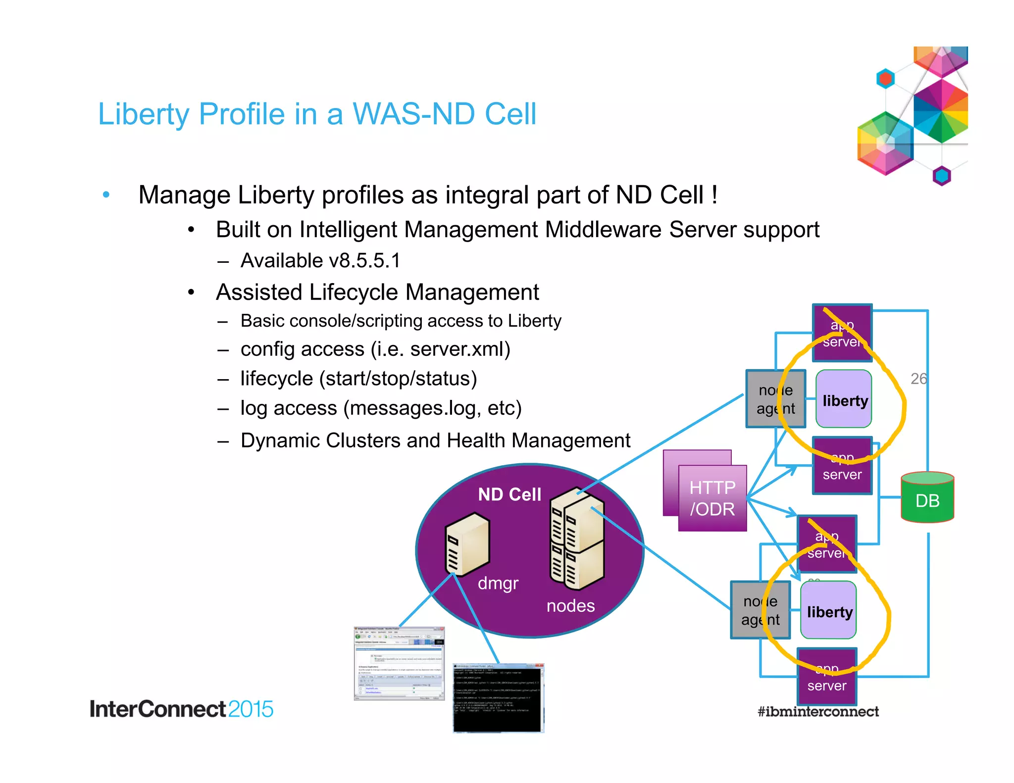 Liberty Profile in a WAS-ND Cell
• Manage Liberty profiles as integral part of ND Cell !
• Built on Intelligent Management Middleware Server support
– Available v8.5.5.1
• Assisted Lifecycle Management
– Basic console/scripting access to Liberty
– config access (i.e. server.xml)
– lifecycle (start/stop/status)
– log access (messages.log, etc)
– Dynamic Clusters and Health Management
26dmgr
nodes
ND Cell DB
HTTP
/ODR
node
agent
app
server
app
server
liberty
26
node
agent
app
server
app
server
liberty
 