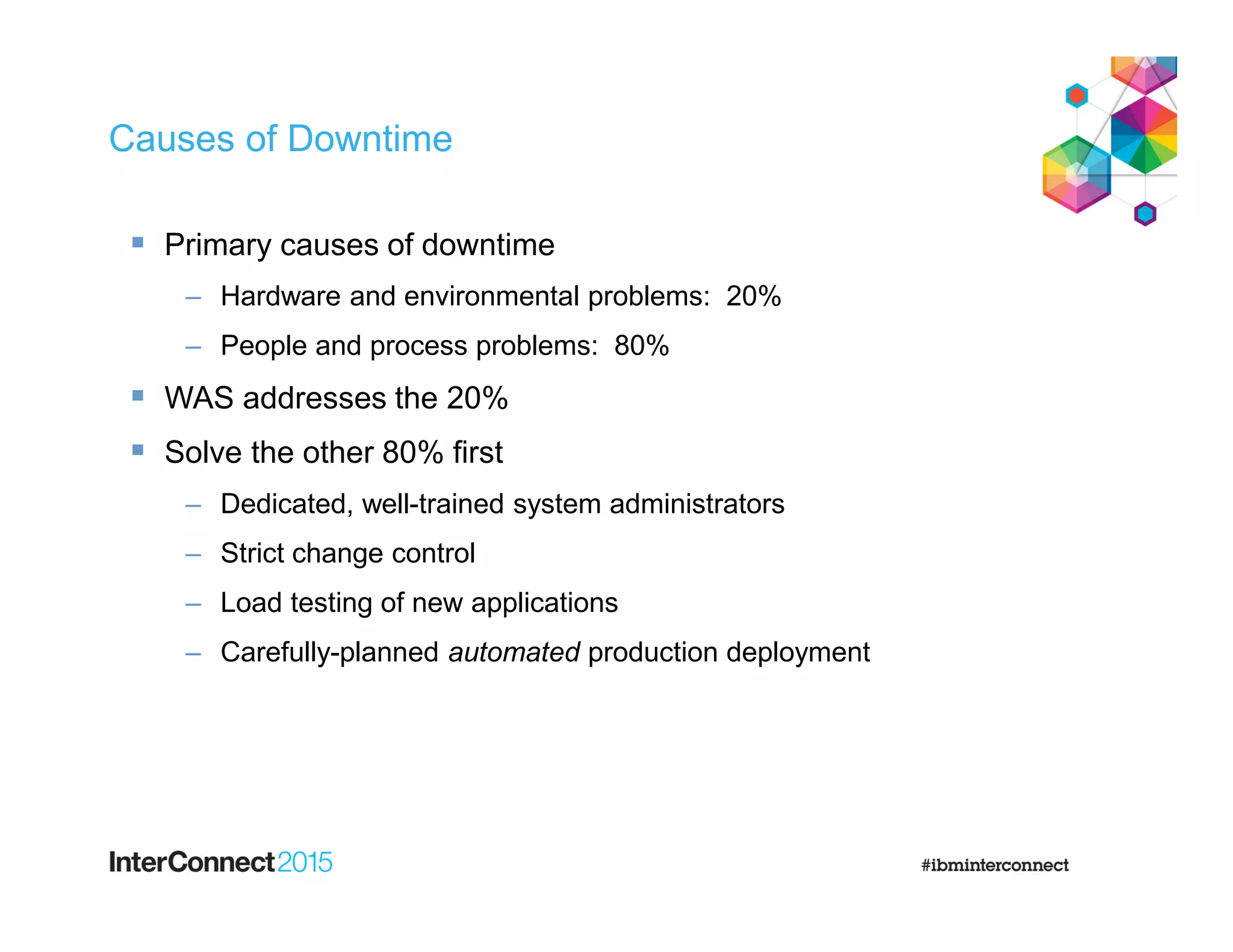 Causes of Downtime
 Primary causes of downtime
– Hardware and environmental problems: 20%
– People and process problems: 80%
 WAS addresses the 20%
 Solve the other 80% first
– Dedicated, well-trained system administrators
– Strict change control
– Load testing of new applications
– Carefully-planned automated production deployment
 