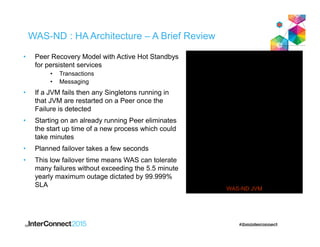 WAS-ND : HA Architecture – A Brief Review
• Peer Recovery Model with Active Hot Standbys
for persistent services
• Transactions
• Messaging
• If a JVM fails then any Singletons running in
that JVM are restarted on a Peer once the
Failure is detected
• Starting on an already running Peer eliminates
the start up time of a new process which could
take minutes
• Planned failover takes a few seconds
• This low failover time means WAS can tolerate
many failures without exceeding the 5.5 minute
yearly maximum outage dictated by 99.999%
SLA
19
High Availability Manager
Distribution and Consistency Services
(DCS)
Reliable Multicast Messaging (RMM)
Transaction
Service
Workload
Management
(WLM)
Data Replication
Services (DRS)
Messaging
Engine
On-Demand
Configuration
(ODC)
WAS-ND JVM
 