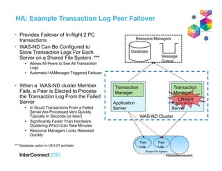 HA: Example Transaction Log Peer Failover
• Provides Failover of In-flight 2 PC
transactions
• WAS-ND Can Be Configured to
Store Transaction Logs For Each
Server on a Shared File System ***
• Allows All Peers to See All Transaction
Logs
• Automatic HAManager Triggered Failover
• When a WAS-ND cluster Member
Fails, a Peer is Elected to Process
the Transaction Log From the Failed
Server
• In Doubt Transactions From a Failed
Server Are Processed Very Quickly,
Typically In Seconds (or less!)
• Significantly Faster Than Hardware
Clustering Which Can Take Minutes
• Resource Managers Locks Released
Quickly
*** Database option in V8.0.07 and later
Application
Server
Transaction
Manager
WAS-ND Cluster
Application
Server
Transaction
Manager
Shared File System
CRASH
Tran
Log
Tran
Log
Database
Message
Queue
Resource Managers
 
