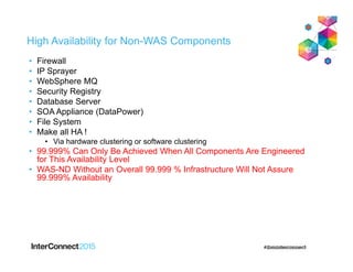 High Availability for Non-WAS Components
• Firewall
• IP Sprayer
• WebSphere MQ
• Security Registry
• Database Server
• SOA Appliance (DataPower)
• File System
• Make all HA !
• Via hardware clustering or software clustering
• 99.999% Can Only Be Achieved When All Components Are Engineered
for This Availability Level
• WAS-ND Without an Overall 99.999 % Infrastructure Will Not Assure
99.999% Availability
 