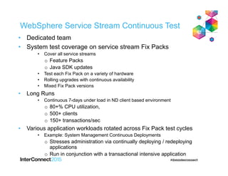 WebSphere Service Stream Continuous Test
• Dedicated team
• System test coverage on service stream Fix Packs
• Cover all service streams
o Feature Packs
o Java SDK updates
• Test each Fix Pack on a variety of hardware
• Rolling upgrades with continuous availability
• Mixed Fix Pack versions
• Long Runs
• Continuous 7-days under load in ND client based environment
o 80+% CPU utilization,
o 500+ clients
o 150+ transactions/sec
• Various application workloads rotated across Fix Pack test cycles
• Example: System Management Continuous Deployments
o Stresses administration via continually deploying / redeploying
applications
o Run in conjunction with a transactional intensive application
 