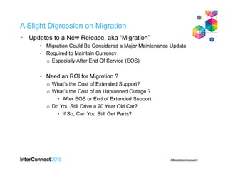 A Slight Digression on Migration
• Updates to a New Release, aka “Migration”
• Migration Could Be Considered a Major Maintenance Update
• Required to Maintain Currency
o Especially After End Of Service (EOS)
• Need an ROI for Migration ?
o What’s the Cost of Extended Support?
o What’s the Cost of an Unplanned Outage ?
• After EOS or End of Extended Support
o Do You Still Drive a 20 Year Old Car?
• If So, Can You Still Get Parts?
 