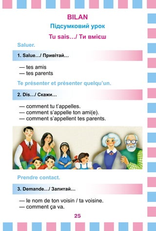 25
BILAN
Підсумковий урок
Tu sais…/ Ти вмієш
Saluer.
1. Salue…/ Привітай…
— tes amis
— tes parents
Te présenter et présenter quelqu’un.
2. Dis…/ Скажи…
— comment tu t’appelles.
— comment s’appelle ton ami(e).
— comment s’appellent tes parents.
Prendre contact.
3. Demande…/ Запитай…
— le nom de ton voisin / ta voisine.
— comment ça va.
 