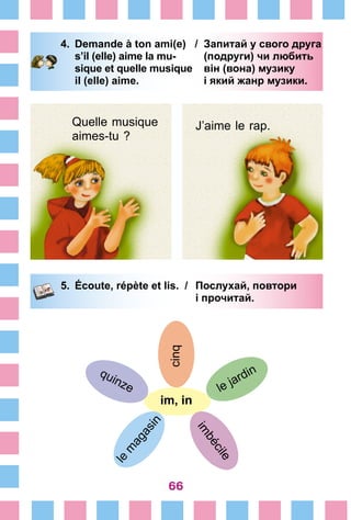 66
4.	 Demande à ton ami(e) /	 Запитай у свого друга
		 s’il (elle) aime la mu-	 (подруги) чи любить
		 sique et quelle musique	 він (вона) музику
		 il (elle) aime. 	 і який жанр музики.
5.	 Écoute, répète et lis. /	 Послухай, повтори
			 і прочитай.
cinq
im, in
le jardin
im
bécile
quinze
le
m
agasin
Quelle musique
aimes-tu ?
J’aime le rap.
 
