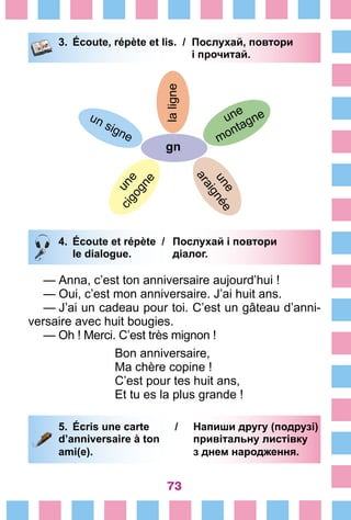 73
3.	 Écoute, répète et lis. /	 Послухай, повтори
			 і прочитай.
laligne
gn
une
montagne
une
araignée
un signe
une
cigogne
4.	 Écoute et répète /	 Послухай і повтори
		 le dialogue. 	 діалог.
—	Anna, c’est ton anniversaire aujourd’hui !
—	Oui, c’est mon anniversaire. J’ai huit ans.
—	J’ai un cadeau pour toi. C’est un gâteau d’anni­
versaire avec huit bougies.
— Oh ! Merci. C’est très mignon !
Bon anniversaire,
Ma chère copine !
C’est pour tes huit ans,
Et tu es la plus grande !
5.	 Écris une carte 	 /	 Напиши другу (подрузі)
d’anniversaire à ton 		 привітальну листівку
ami(e).		 з днем народження.
 