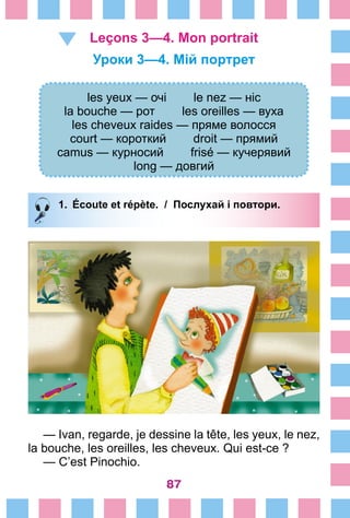 87
Leçons 3—4. Mon portrait
Уроки 3—4. Мій портрет
les yeux — очі le nez — ніс
la bouche — рот les oreilles — вуха
les cheveux raides — пряме волосся
court — короткий droit — прямий
camus — курносий frisé — кучерявий
long — довгий
1.	 Écoute et répète. / Послухай і повтори.
— Ivan, regarde, je dessine la tête, les yeux, le nez,
la bouche, les oreilles, les cheveux. Qui est-ce ?
— C’est Pinochio.
 