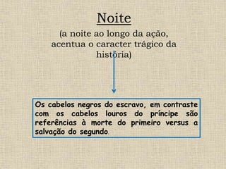 Noite
(a noite ao longo da ação,
acentua o caracter trágico da
história)
Os cabelos negros do escravo, em contraste
com os cabelos louros do príncipe são
referências à morte do primeiro versus a
salvação do segundo.