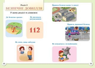 68 69
Як викликати
рятувальників
Де безпечно гратися
Як діяти, якщо заблукав
Правила безпеки вдома і в школі
Правила дорожньої безпеки
Як поводитися з незнайомцями
Розділ 3
БЕЗПЕЧНЕ ДОВКІЛЛЯ
У цьому розділі ти дізнаєшся:
112
 