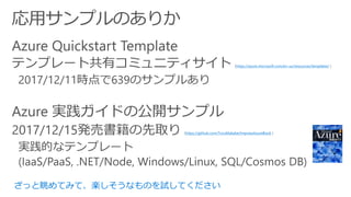 https://azure.microsoft.com/en-us/resources/templates/
https://github.com/ToruMakabe/ImpressAzureBook
ざっと眺めてみて、楽しそうなものを試してください
 