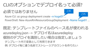–n hoge01 …
PowerShell: New-AzureRmResourceGroupDeployment –Name hoge01 …
例: デプロイ毎に違う名前でストレージアカウントを作りたい
 