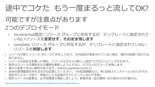 • リソースが既にリソース グループに存在しており、その設定が変更されていない場合、操作の結果に変わりは
ありません。
• リソースの設定を変更した場合、リソースはそれらの新しい設定でプロビジョニングされます。
• 既存のリソースの場所または種類を更新しようとすると、デプロイがエラーで失敗します。
• 後から変更できない属性があります。(VMのimageReferenceなど)
• ARMの管理範囲を外れるものは注意してください。 (VM拡張機能など。例: 拡張はインストールされたがその
設定中にエラーで終了。再実行したら拡張がすでに入っているので失敗)
• 既存リソースの変更は、必ず別環境で検証しましょう。新規作成→並行運用→切り替えの方が楽かも。
https://docs.microsoft.com/ja-jp/azure/azure-resource-manager/resource-group-template-deploy-cli
 