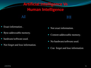 Artificial Intelligence Vs
Human Intelligence
AI
 Exact information .
 Byte-addressable memory.
 hardware/software used.
 Not forget and lose information.
HI
 Not exact information.
 Content-addressable memory.
 No hardware/software used.
 Can forget and lose information
4/19/2014 14
 