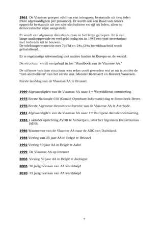 7
1961 De Vlaamse groepen stichten een intergroep bestaande uit tien leden
(twee afgevaardigden per provincie). Er wordt ook een Raad van Advies
opgericht bestaande uit zes niet-alcoholisten en vijf AA leden, allen op
democratische wijze aangesteld.
Er wordt een algemeen dienstenbureau in het leven geroepen. Er is een
lange aanloopperiode en veel geld nodig om in 1985 een vast secretariaat
met bediende uit te bouwen.
De telefoonpermanentie met 7d/7d en 24u/24u bereikbaarheid wordt
geïnstalleerd.
Er is regelmatige uitwisseling met andere landen in Europa en de wereld.
De structuur wordt vastgelegd in het “Handboek van de Vlaamse AA.”
De uitbouw van deze structuur was zeker nooit geworden wat ze nu is zonder de
“niet-alcoholisten” van het eerste uur, Meester Beernaert en Meester Vanstaen.
Eerste landdag van de Vlaamse AA te Brussel.
1969 Afgevaardigden van de Vlaamse AA naar 1ste Werelddienst ontmoeting.
1975 Eerste Nationale COI (Comité Openbare Informatie) dag te Strombeek-Bever.
1976 Eerste Algemene dienstenconferentie van de Vlaamse AA te Averbode.
1981 Afgevaardigden van de Vlaamse AA naar 1ste Europese dienstenontmoeting.
1985 1 oktober oprichting AVDB te Antwerpen, later het Algemeen Dienstbureau
(ADB).
1986 Waarnemer van de Vlaamse AA naar de ADC van Duitsland.
1988 Viering van 35 jaar AA in België te Brussel
1993 Viering 40 jaar AA in België te Aalst
1999 De Vlaamse AA op internet
2003 Viering 50 jaar AA in België te Jodoigne
2005 70 jarig bestaan van AA wereldwijd
2010 75 jarig bestaan van AA wereldwijd
 