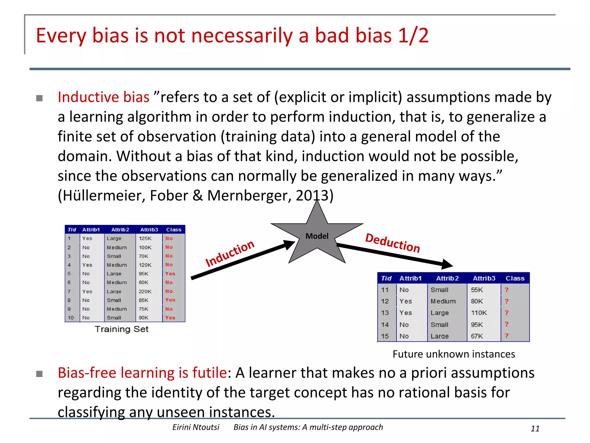 Every bias is not necessarily a bad bias 1/2
 Inductive bias ”refers to a set of (explicit or implicit) assumptions made by
a learning algorithm in order to perform induction, that is, to generalize a
finite set of observation (training data) into a general model of the
domain. Without a bias of that kind, induction would not be possible,
since the observations can normally be generalized in many ways.”
(Hüllermeier, Fober & Mernberger, 2013)
 Bias-free learning is futile: A learner that makes no a priori assumptions
regarding the identity of the target concept has no rational basis for
classifying any unseen instances.
11
Eirini Ntoutsi Bias in AI systems: A multi-step approach
Model
Future unknown instances
 